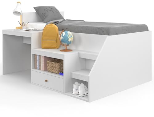 IDMarket - Kombibett mit Bettkasten, Schreibtisch und Stauraum Leopold 90 x 190 cm weiß