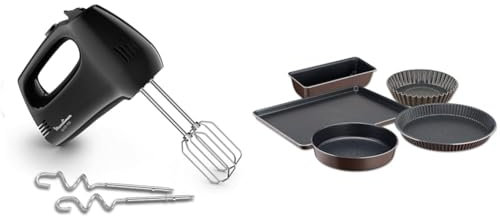 Moulinex Batteur à mainQuick Mix, 300 W, Fouets et crochets pétrisseurs en acier inoxydable, 5 vitesses + pulse HM3108B1, Noir et lot de 5 moules à pâtisserie Tefal Perfectbake YY4220FA, Marron