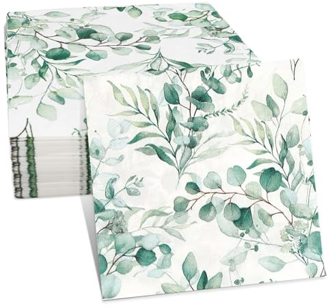 AUNHOKE 80 Pcs Eucalyptus Leaf Paper Napkins 33x33cm | Sage Green Leaves Napkin for Wedding Party,Disposable Guest Towels for Garden Wedding Party
