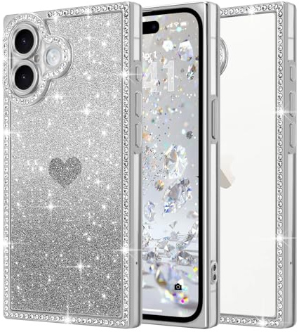 ROSEHUI Case for iPhone 17, Sparkle Cute Love Heart Pattern, Silver | Rectangle Bling Rhinestones,Removable Glitter Paper,TPU Shockproof Bumper,Luxury Plating Design,Slim Phone Cover for Women
