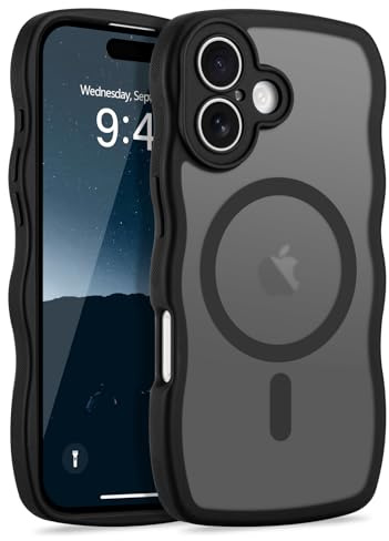 LCHULLE für iPhone 17 Hülle Wellen Lockige Form [Kompatibel mit MagSafe] Kameraschutz Transluzent Matt Handyhülle für Frauen Männer Curly Wave Frame Case für iPhone 17, Schwarz