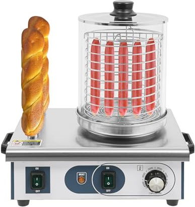 MEELRYD Máquina de Hot Dog, 450 Profi Hot Dog Maker, Temperatura 50-300 °C, cilindro de vidrio: Ø 18,9 cm / 6 litros, 2 barras para tostar, calentador de salchichas para calentar salchichas y