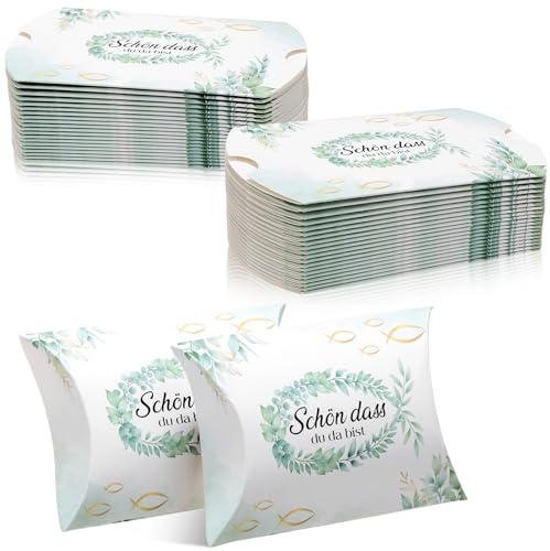 100 Gastgeschenke Hochzeit Boxen Gastgeschenke Kommunion Schön dass du da bist Stück Kleine Kissenschachteln mit christlichen Motiven Geschenkboxen Konfirmation Verpackung für Taufe Firmung