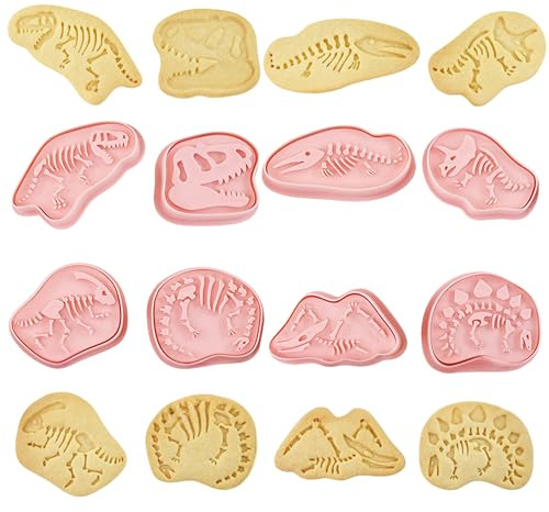 8Pcs Dinosaur Fossil Cookie Cutters Set | 3D Skeleton Biscuit Moulds with Embossing Stamp for Baking & Dino Party Fondant Festive Decorations