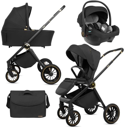 BabyLux® Kinderwagen 3in1 Set ROSSO, Faltbar Leicht Kombikinderwagen Set incl. Babywanne, Buggy Sportsitz, Babyschale i-Size, Wickeltasche und mehr Zubehör, 4 Liegepositionen, 0-22kg, UV Schutz 50+