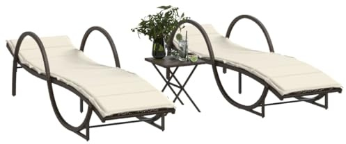 PHGTYUK 2 Stück Sonnenliegen mit Tisch in Braun aus Poly Rattan, Verstellbare Rückenlehne Gartenmöbel mit Polsterkissen und Stahlrahmen, Wetterfeste PE Rattan Outdoor Lounge Set
