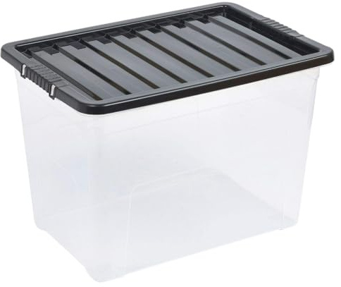 OptiProducts 80L Large Clear Plastic Storage Boxes with Black Lids (PACK of 10) – Heavy Duty Stackable Storage Containers for Home, Garage, Office & Clothes Organisation