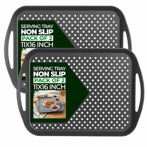 HiFEN® 2 Pack Non-Slip Serving Tray Set, BPA-Free Plastic Lap Trays with Grip Handles, Lightweight & Durable Food Serving Trays for Tea, Breakfast in Bed, Food Prep & Stable Dining, (Grey)