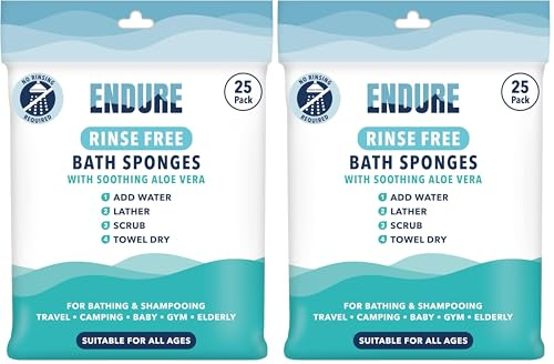 Endure Rinse Free Bath Shower Sponge - Body Wash Wipes for Bathing - Perfect for Camping, Festivals, Gym and Travel - Dry Sponge Wipes with Gentle Cleansing Soap. Just add Water (25 Per Pack).