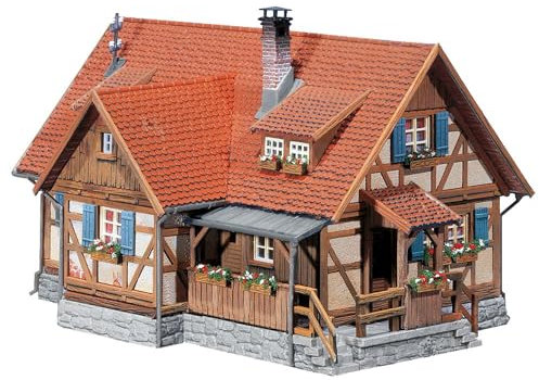 FALLER Ländliches Fachwerkhaus Modellbausatz mit 195 Einzelteilen 145 x 103 x 89 mm I Modelleisenbahn Zubehör H0 I Modelleisenbahn H0 Fachwerkhaus
