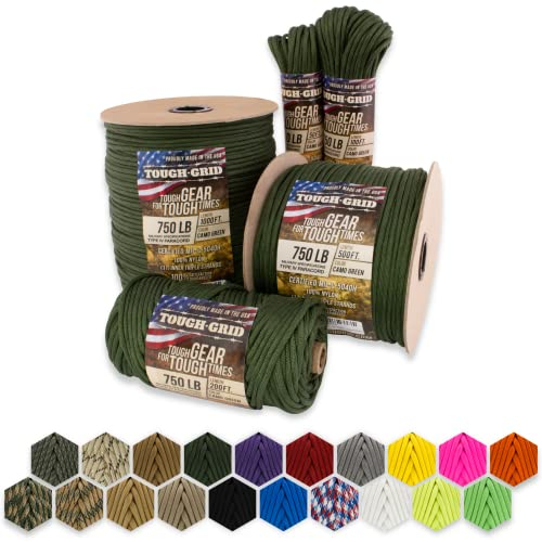 TOUGH-GRID PC200 340kg Paracord - 100% Nylon Militärspezifikationen Typ IV - für Militär, Camping, Kunsthandwerk, Hängematten, Notfälle - Tarngrün