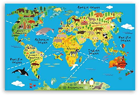 ge Bildet !!! SENSATIONSPREIS !!! Bilderdepot24 hochwertiges Leinwandbild - Weltkarte für Kinder - Hellblau - Bild für kinderzimmer - 30 x 20 cm einteilig 1465