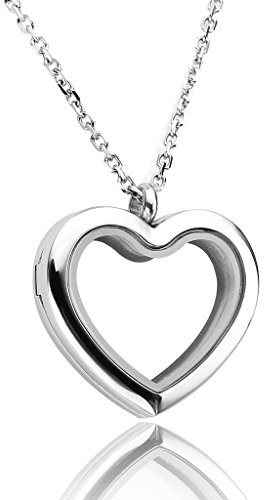 Zysta Schmuck Herren Damen 316L Edelstahl Glatt Floating Charms Sandstrahl Medaillon Memory Locket Anhänger Unisex Halskette mit 61cmKette(Herz)