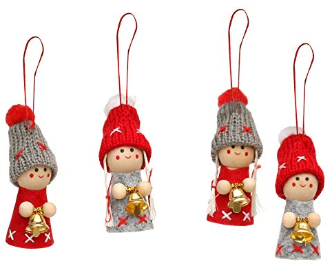 Dekohelden24 Weihnachtswichtel als Baumbehang im 4er Set in grau/rot mit Glöckchen
