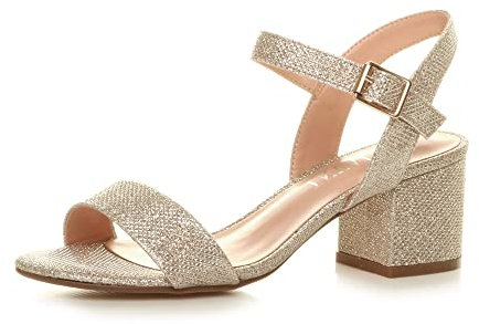 Ajvani Women Ladies Low Block Heel peep Toe Ankle Strap Strappy Party Sandals - Champagne Glitter - 3 UK