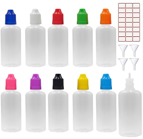 XIAONAN 20 x 50ml Leerflaschen Liquidflaschen Plastikflaschen Dropper Kunststoff Tropfflaschen + 4 Trichter (Flaschen + Gemischte Kappen + Spitzen + Trichter + Leere Etiketten)