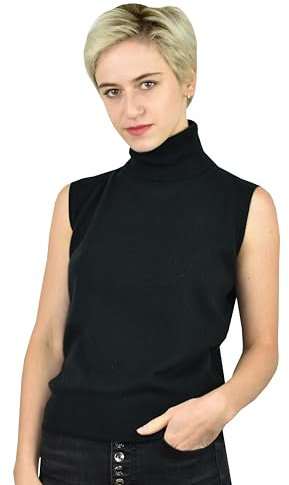 1stAmerican Made in Italy Sleeveless Women Jumper 100% Cashmere Turtle Neck - Gilet Sweater 12 Gauges Bottle Green
