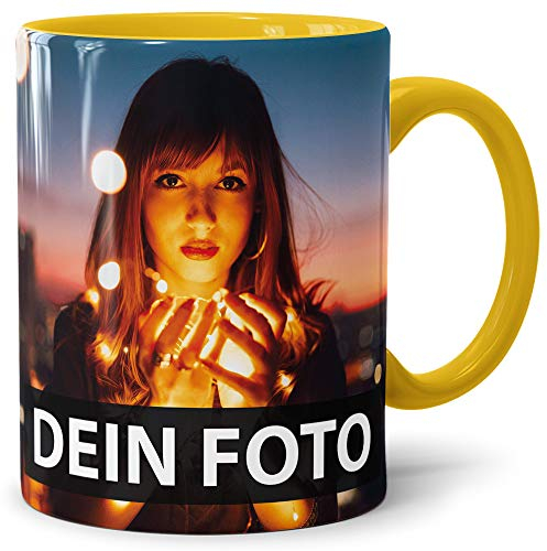 Foto-Tasse zum selbst gestalten mit Foto und Text/mit individuellen Druck in Profiqualität/Personalisierte Geschenk-Idee mit Bild/XXL-Druck/Gelb
