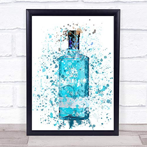 Watercolour Splatter Blue BlackBerry Gin Bottle Wall Art Print