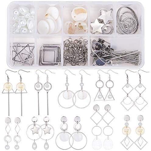 SUNNYCLUE 1 Boîte DIY 10 Paires Géométrique Creux Boucle d'oreille Faire Kit de Démarrage Classique Rond Carré Coeur Triangle Connecteurs avec Shell Charmes, Boucle d'oreille en Laiton Crochets