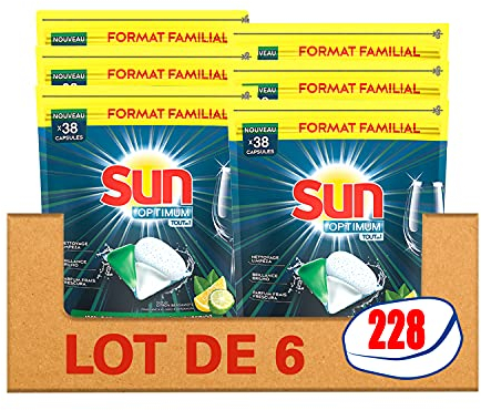 Sun Capsules Lave-Vaisselle Optimum Tout En 1 Citron Bergamote x228, Efficacité Impeccable, Ingrédients Naturels, Nettoyage, Brillance & Parfum frais, 228 Lavages (Lot de 6x38 tablettes)