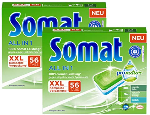 Pastillas Somat All in 1 Pro Nature para lavavajillas, 112 (2 x 56), respetuoso con el medio ambiente con 100 % de potencia Somat, con lámina soluble en agua
