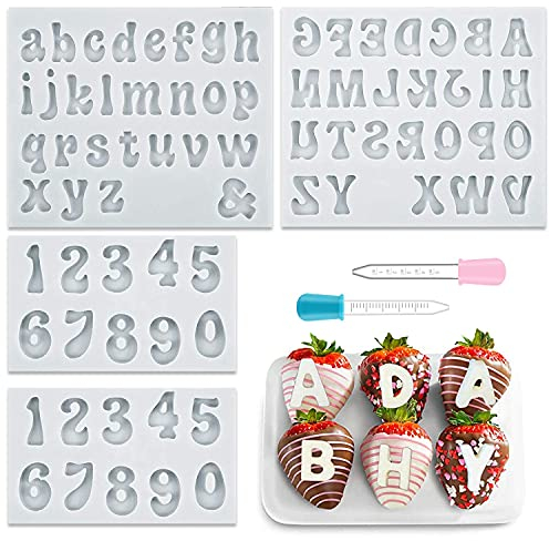 4 Stück Silikon Buchstaben Zahlen Form, Buchstaben und Zahlen Fondant Schokoladen Formen, Mit 2 Tropfern, DIY Weihnachten Kuchen Dekoration Molds, für Süßigkeiten, Schokolade, Eiswürfel (grau)