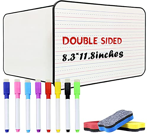 OWill Lined Dry Erase Board for Kids, Mini Whiteboard A4 Ruled & Blank Small Whiteboard Writing Learning at Home Double Sided Portable Whiteboard with 8 Markers & 3 Erasers