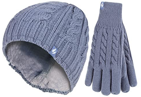 HEAT HOLDERS - Damen Mütze und Handschuh-Set für Winter | Extra Warm Beanie und Mütze mit Fleece Gefüttert (S-M, Dunkelblau)