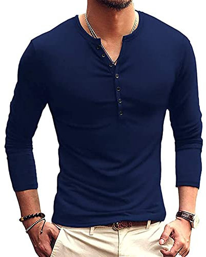 Men's Casual Henley Shirt Long Sleeve Slim Fit Plain Tops Basic Crew Neck Grandad T-Shirt Buttons Tee Tops Blue M