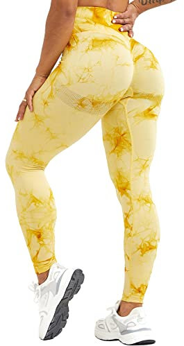 RIOJOY Scrunch Butt Leggings Damen High Waist Seamless Push Up Booty Leggins Hose für Sport Yoga Fitness Gym Workout, Gelb M