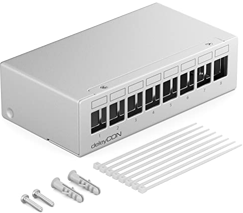 deleyCON 8 Port Patchpanel Gehäuse 1 HE für 14,9 mm x 17 mm Keystone Module mit z.B. RJ45 Koaxialstecker BNC F-Stecker Antennenstecker RJ-11 Cinch Klinke USB Toslink PS2 HDMI - Grau