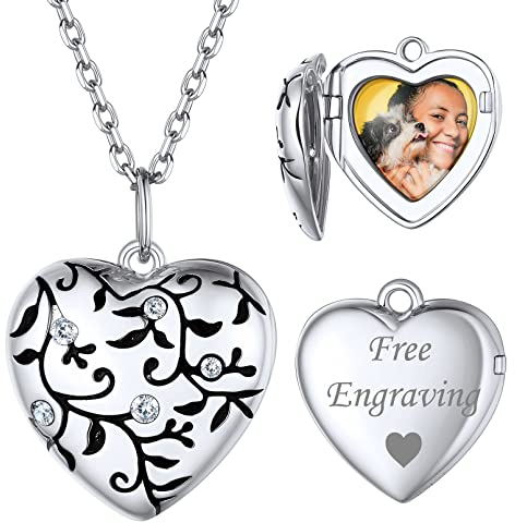 ChicSilver Customize Locket Heart Necklace for Women Photo Engraved Tree Branch Heart Pendant 925 Sterling Silver Personalized Jewelry