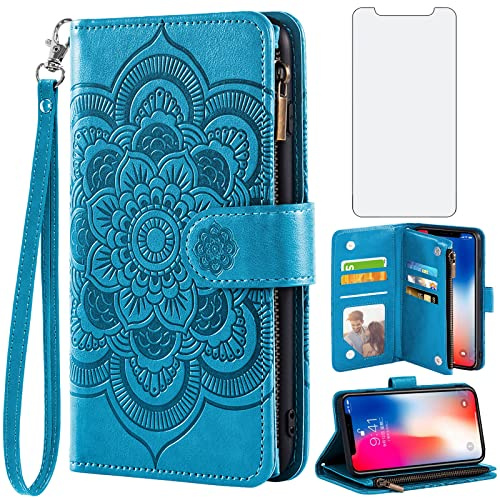 Asuwish Handyhülle für iPhone XS/X Hülle mit Folie Schutzfolie Kartenfach Klappbar Leder Blumen Geldbörse Ständer iPhone10Hülle i 10 10s 10x 10xs Handy Hüllen Schutzhülle Wallet Cover Phone Case Blau