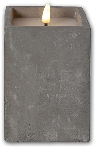 Star Trading LED Stumpenkerze Beton Quader mit Timer, 9x9x14,5cm, quadratisch, batteriebetrieben, Beton-Optik, Flackereffekt