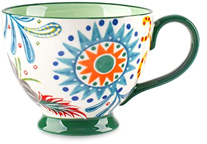 Berry President Handbemalte Keramiktassen mit Blumenmuster, 15 OZ, große Tassen für Milch, Kaffee, Cappuccino, Tee, Kakao, Frühstücks-Haferflockentassen (Grüne Blume)