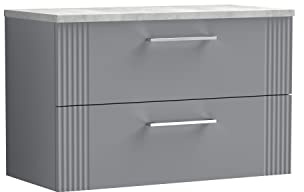 nuie DPF295LBG Deco Modern Bathroom Wall Hung 2 Drawer Part Fluted Vanity Basin Unit with Laminate Bellato Grey Worktop, 800mm, Satin Grey