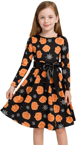 A2Z 4 Kids Girls Halloween Pumpkin Spider Web Skater Dress Long Sleeve