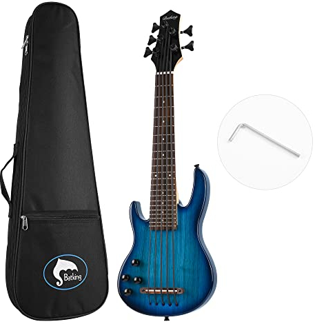 Batking Ukulele basso fretted 5 corde, uku elettrico basso con custodia (blu sinistra)