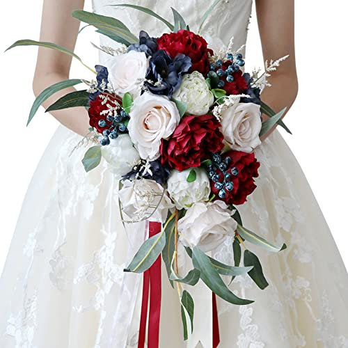 Brautstrauss Hochzeit Blumenstrauß,MoreChioce Hochzeit Blumensträuße mit Lange Künstlicher Spitze Hochzeit Brautstrauß Wasserfall Brautstrauß künstliche Blumen mit Schleife,#7
