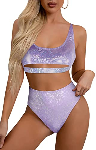 Ella Lust Glitzer Rave Outfits für Frauen – Festival sexy U-Ausschnitt Unterbrustausschnitt Bauchfreies Oberteil hohe Taille (Purple,L,1302r)