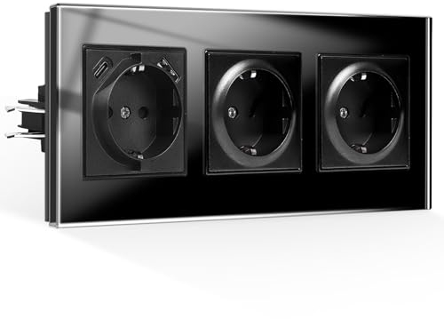 CNBINGO Triple prise avec port USB, 1 × (ports USB-A et Type-C max. 2,1 A total), prise encastrée avec griffes, prise Schuko avec cadre en verre, noir, 3 compartiments