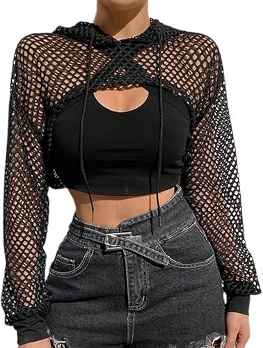 Women Mesh Fishnet Top Long Sleeve Top Hollow Out Hoodie Crop Top Sexy Crochet See Through Party Clubwear Summer Beach Cover Up Shirt for Ladies (UK, Numeric, 12, Regular, Regular, Black)