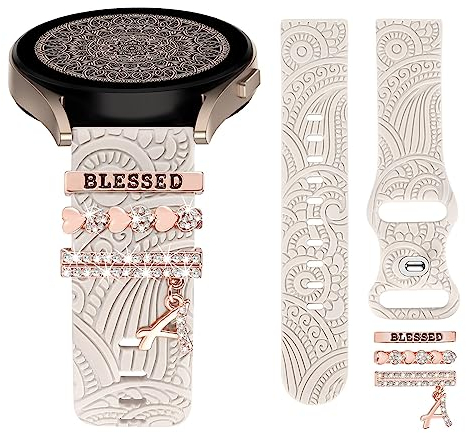 TOYOUTHS Floral Gravierte Armband Mit Dekorative Charme Kompatibel Mit Samsung Galaxy Watch 7/6/5/4/Active 2 40mm 44mm, 20mm Frauen Boho Sport Silikon Armband für Classic/FE, Beige/A