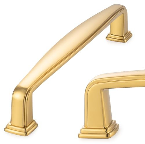 KOOFIZO Quadratischer Fuß-Schrankgriff – gebürstetes Gold, Möbelgriff, 128 mm Schraubenabstand, 10 Stück, für Küchenschranktür, Schlafzimmer, Kommode, Schublade, Badezimmermöbel-Hardware