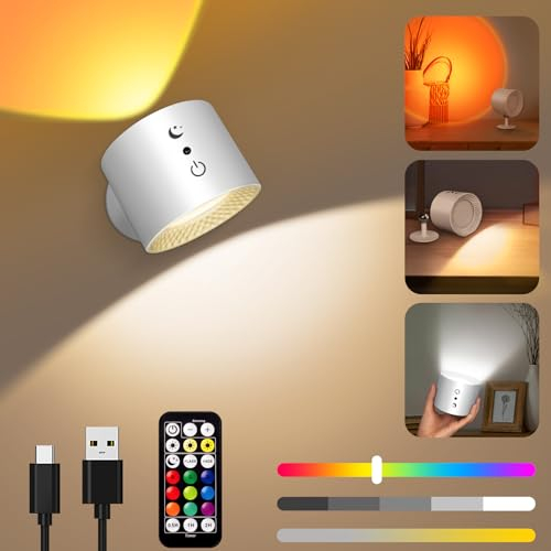 Applique Murale Intérieure,Led Murale à Piles Avec Télécommande,Lampe de Chevet Sans Fil à Intensité Variable Tactile,Appliques Avec 3 Modes de Couleurs,Rotative à 360°,Spot Led Sans Fil Rechargeable