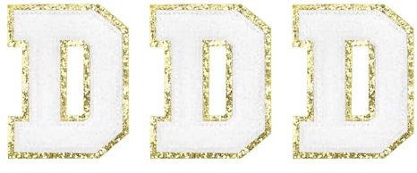 sourcing map Chenille Letters D Patches Large Size 80mm/3.15 Inch Iron-on Letters D Patches Golden Glitter Embroidered Patches for Clothing, Shoes, Hats, Backpacks Pack of 3(White)
