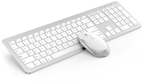 seenda Ensemble Clavier et Souris sans Fil, Clavier Ultra Fin de Pleine Grandeur, Clavier Silencieux pour PC/Ordinateur Portable/Smart TV, Disposition AZERTY, Blanc et Argent
