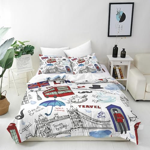 ANHOPE Vintage London Symbole Bettwäsche Set Weich Microfaser Druck Bettbezüge mit Reißverschluss 3 Teilig Bettbezug 135x200 cm & 2 Kissenbezug 50x70 cm Ganzjahres Bettdeckenbezug Set