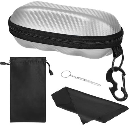 MoKo Semi-Rigid Sonnenbrillen Etui, PU Universal Brillenetui mit Reißverschluss, Karabiner & Mini Schraubendreher Brillenetui für Schule Büro Reisen, Silber